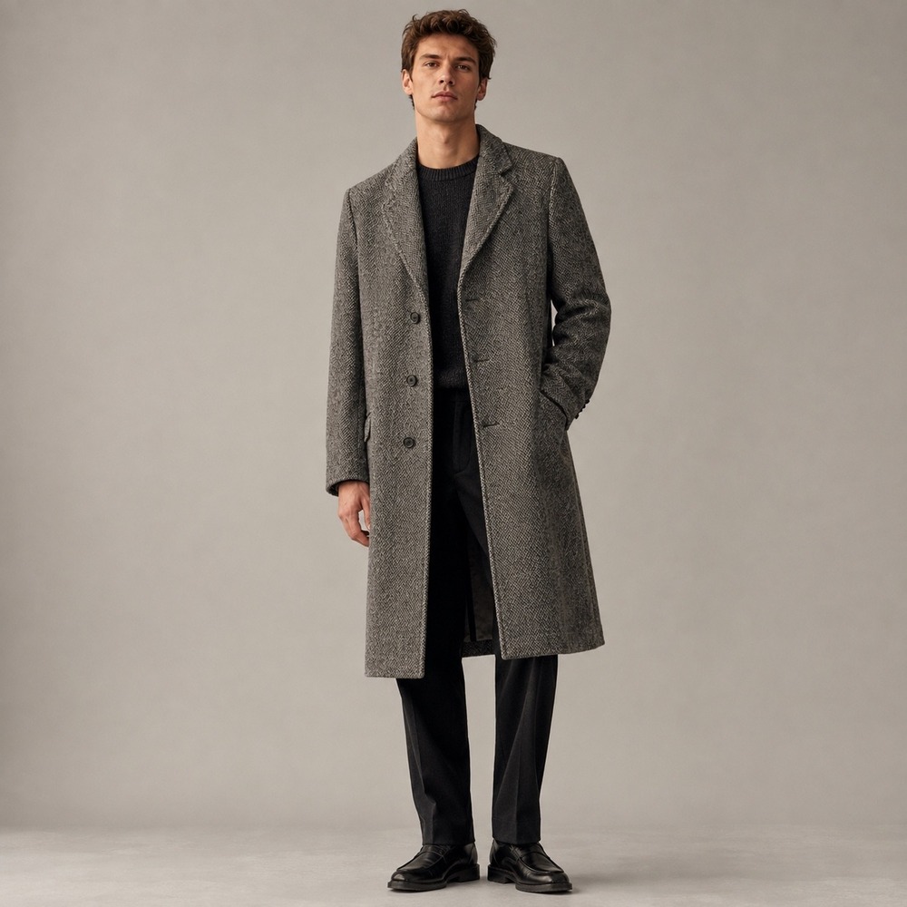Vintage 100% Wool Herringbone Overcoat Mens Grey Long Trench Coat Made in USA - Picture 1 of 11